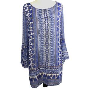 Pink Owl Dress Womens Medium V Back Blue  Flounce Sleeve Retro Boho Sheer